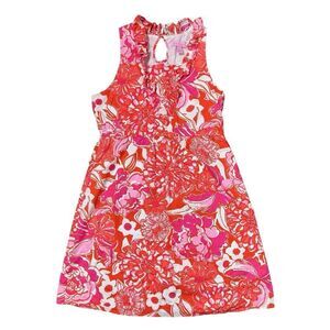 Lilly Pulitzer Floral Shift Dress Girls 14 Ruffle Trim Pink Orange Red Hawaiian